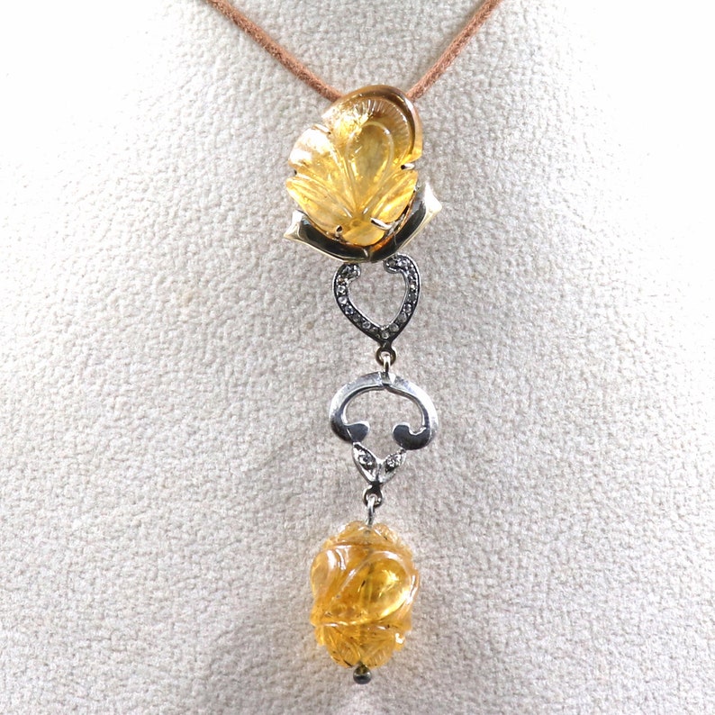 Natural CITRINE Carved Diamond 18k Gold 925 Silver VICTORIAN Gemstone PENDANT