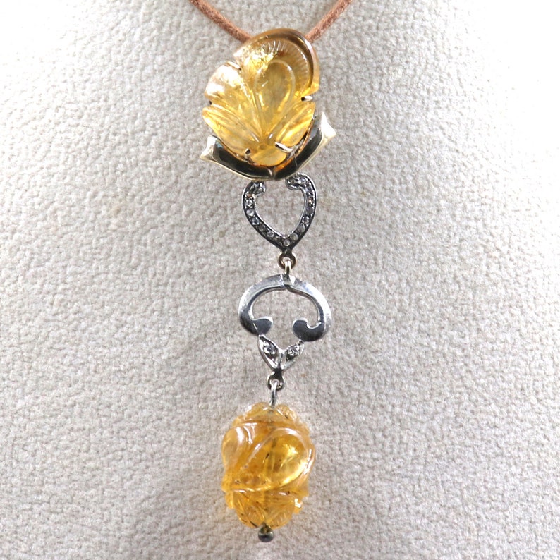 Natural CITRINE Carved Diamond 18k Gold 925 Silver VICTORIAN Gemstone PENDANT