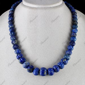 Natural Blue Lapis Lazuli Carved Round Beads Necklace – 493 Ct Silver Jewelry