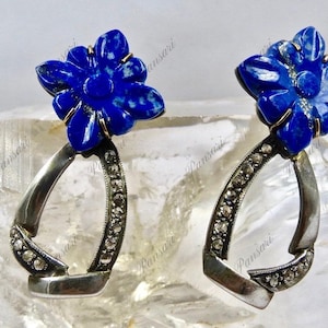 Lapislazuli geschnitzte Blume Diamant 18k Gold 925er Silber viktorianische Ohrringe