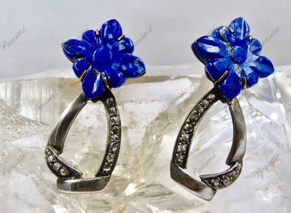 Orecchini Fatti A Mano Con Fiore Di Lapislazzuli E Argento Rodiato - Gioiello Artigianale Italiano