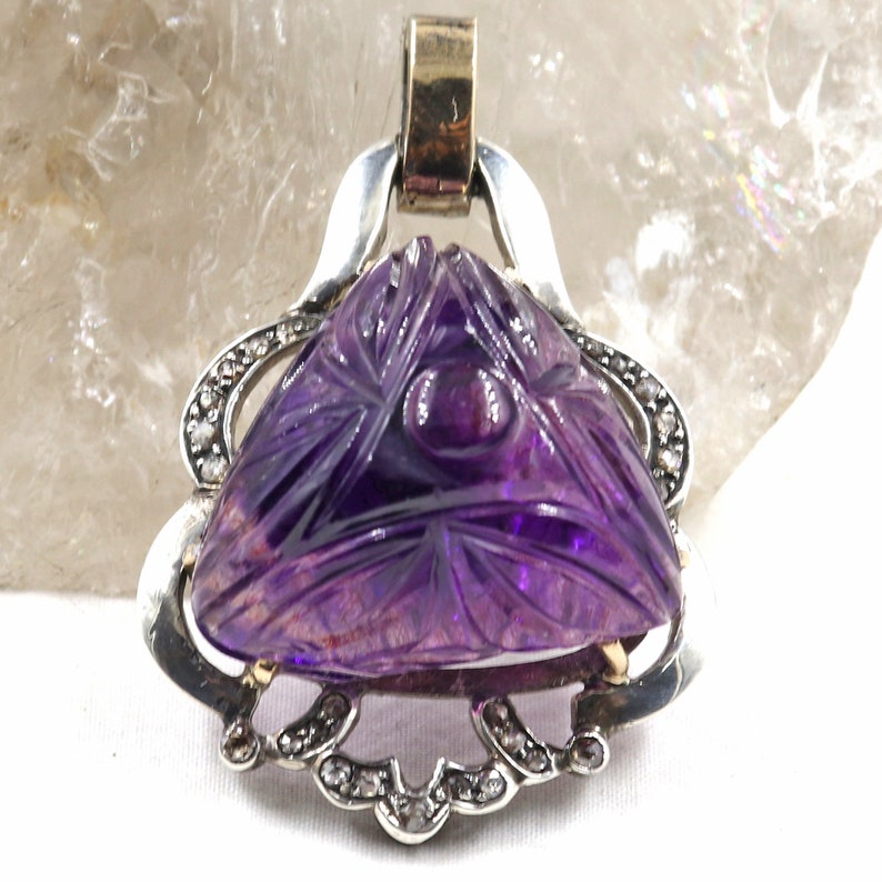 Antique Natural AMETHYST Carved GEMSTONE Diamond Studded In 925 Silver PENDANT
