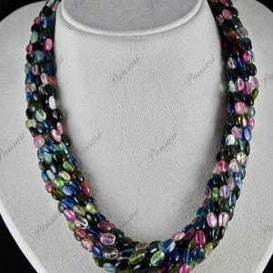 Multi Tourmaline Beads Necklace – 10 Line, 985 Ct Cabochon Gemstone with Silver Clasp