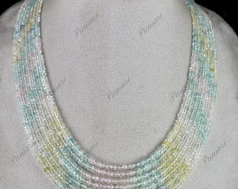 Natural Multi Aquamarine Faceted Beads Necklace – 7 Line 392 Ct Fine Gemstone Jewelry