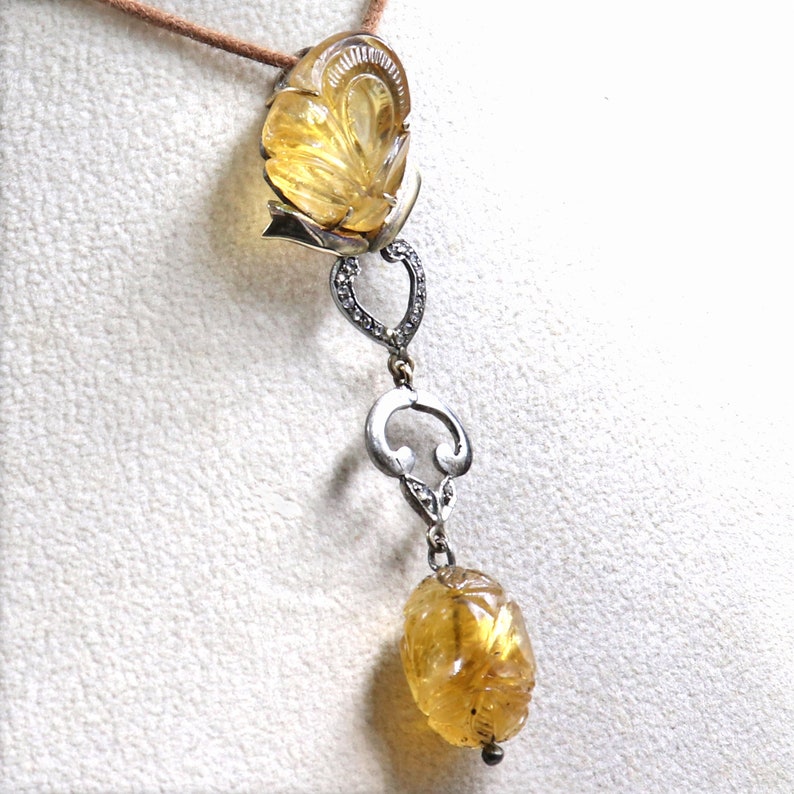 Natural CITRINE Carved Diamond 18k Gold 925 Silver VICTORIAN Gemstone PENDANT