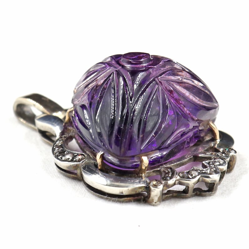 Antique Natural AMETHYST Carved GEMSTONE Diamond Studded In 925 Silver PENDANT