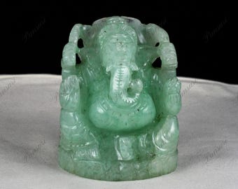 緑石製・ヒンドゥ教の神・ガネーシャ（手彫り） 手彫りのフクサイト