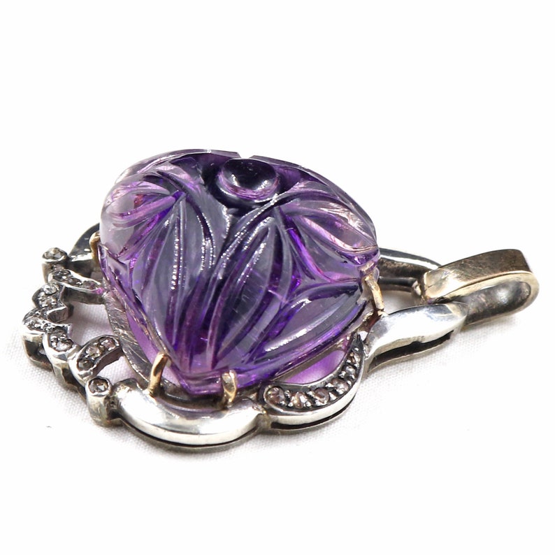 Antique Natural AMETHYST Carved GEMSTONE Diamond Studded In 925 Silver PENDANT