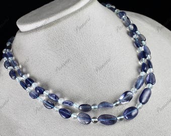 Collar de cuentas de iolita natural y topacio azul en forma de pepitas pulidas: dos hileras de piedras preciosas de 239 quilates