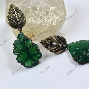 Classic Green Onyx Carved Flower Gemstone Diamond Studded 925 Silver Dangle Earrings