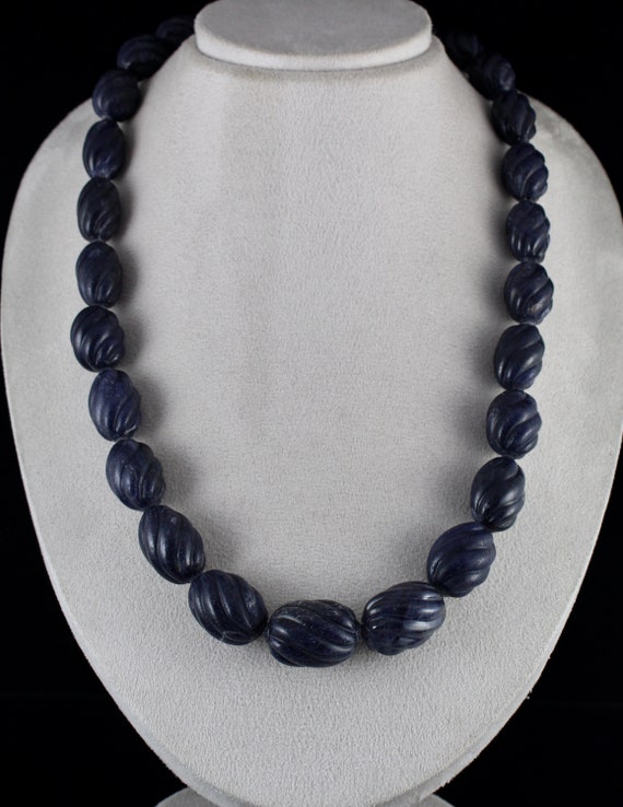 Blue Jade Carved Beaded Necklace 1 Line 1301 Cara… - image 1