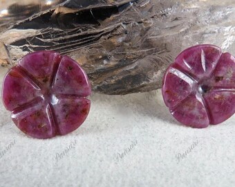 Fine Mughal 44 Ct Unheated Natural Ruby Carved Flower Pair for Earrings