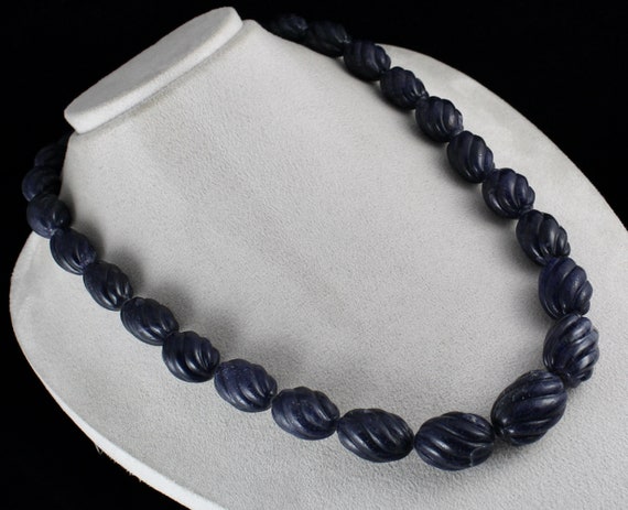Blue Jade Carved Beaded Necklace 1 Line 1301 Cara… - image 2