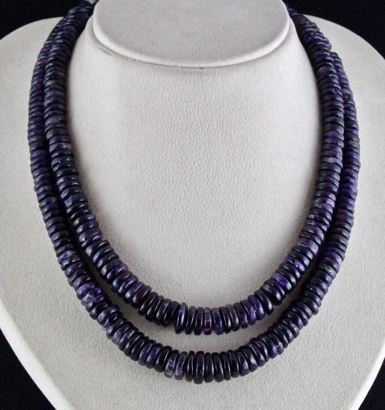 Old Special 2 Line 781 Cts Natural Dark AMETHYST BUTTON SHAPE Beads Necklace With Silk Cord