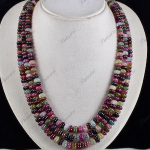 Natural Multi-Color Tourmaline Carved Bead Necklace | 3 Layers, 737 Carats Melon Design Jewelry