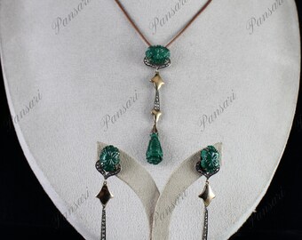 Malachite Diamond Victorian Pendant Earring Set: 18k Gold & Silver