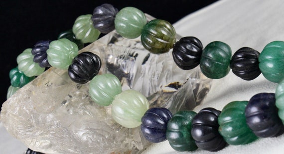 Natural Multi Jade Melon Carved Beads 960 Ct Blue… - image 9