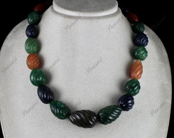 Natural Semi-precious Carved Melon Beads Necklace 942 Ct