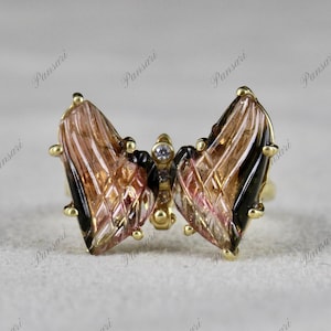 Multi-Colour Tourmaline Carved Butterfly Diamond Ring in 925 Sterling Silver