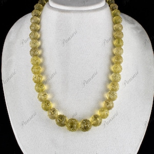 Certified Lemon Quartz Bead Necklace - Carved Round, 1 Line, 674 Carats Unique Gemstone Jewelry