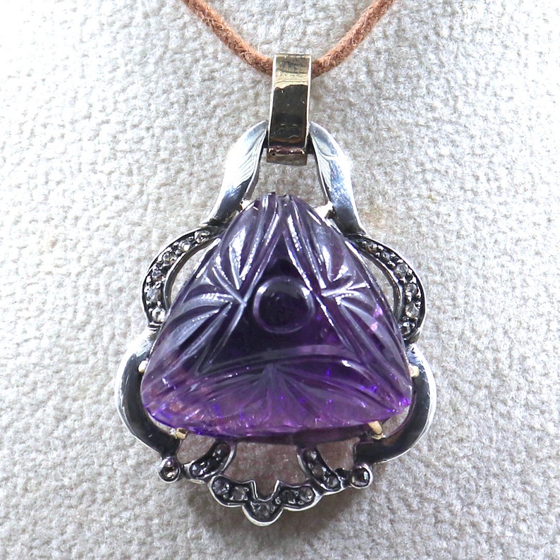 Antique Natural AMETHYST Carved GEMSTONE Diamond Studded In 925 Silver PENDANT
