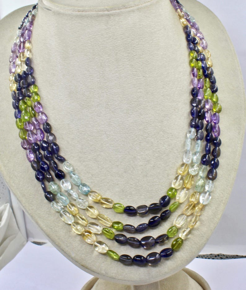 Multi Color 4 Line Iolite Peridot Aquamarine Citrine Amethyst CABOCHON BEADS NECKLACE