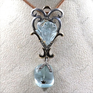 Natural Aquamarine Carved Diamond Victorian Pendant – 18K Gold & 925 Silver