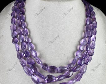 Natural Amethyst Faceted Tumble Beads Necklace | 3 Layers, 861 Carats Purple Gemstone Necklace