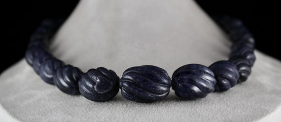 Blue Jade Carved Beaded Necklace 1 Line 1301 Cara… - image 4