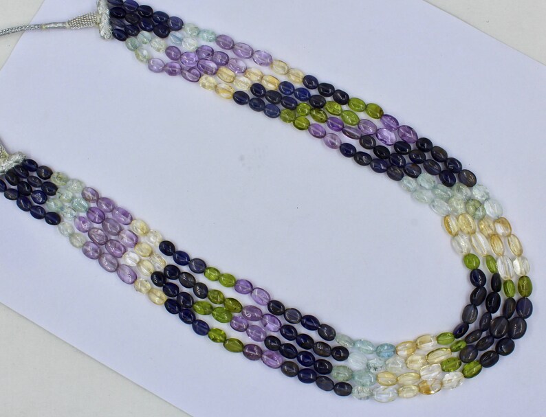 Multi Color 4 Line Iolite Peridot Aquamarine Citrine Amethyst CABOCHON BEADS NECKLACE