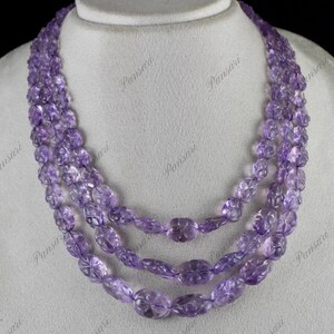 Natural Amethyst Beads Engraved Vintage Necklace – 3 Line 529 Ct Purple Gemstone Jewelry