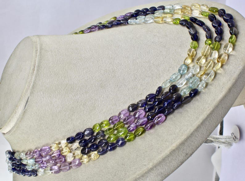 Multi Color 4 Line Iolite Peridot Aquamarine Citrine Amethyst CABOCHON BEADS NECKLACE