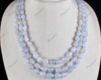 Collar de cuentas de calcedonia azul natural en forma de lágrima (3 filas, 716 ct) para mujer