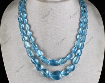 Blaue Aquamarin Cabochon Halskette - 2 Lines, 628 Karat Premium Edelsteinschmuck