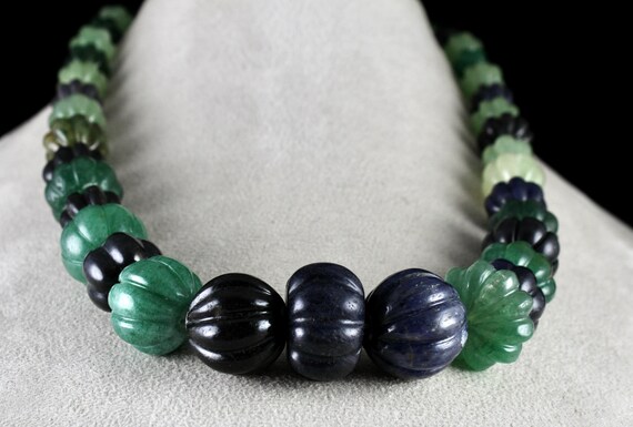 Natural Multi Jade Melon Carved Beads 960 Ct Blue… - image 6