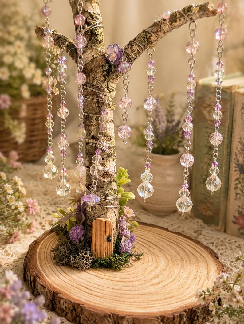 Puede incluir: Una escultura de &aacute;rbol decorativa sobre una base de rodaja de madera circular con una peque&ntilde;a puerta de madera en el tronco, musgo verde y detalles florales morados. Alambre plateado envuelve las ramas, adornadas con cuentas transparentes y rosas.
