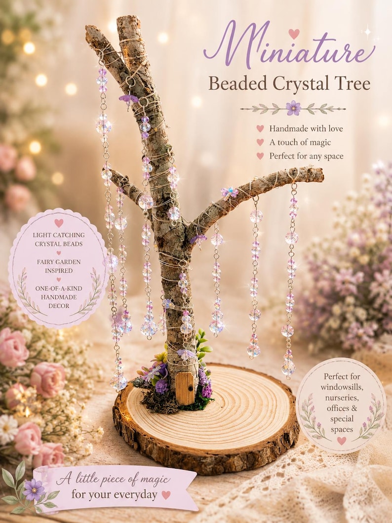 Puede incluir: Un &aacute;rbol en miniatura hecho de una rama natural con corteza, montado sobre una base circular de rodaja de madera. El &aacute;rbol presenta hilos colgantes de cuentas de cristal transparentes y moradas, una peque&ntilde;a puerta de madera y musgo verde.