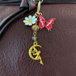 Fairy Purse or Bag Charm with Glass Beads, Butterfly and Daisy Charm, & Golden Fairy Charm, Fairy Purse Bag Charm Makes Perfect Gift For Her