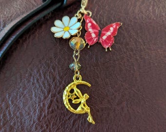 Fairy Bag Charm: Butterfly, Daisy & Glass Beads - Whimsical Purse Accessory