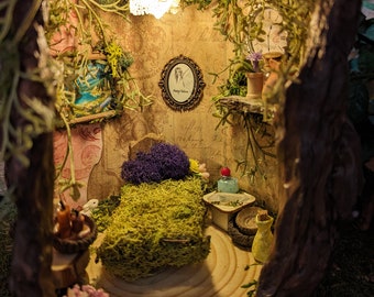Handmade Tree Stump Fairy House: Miniature Woodland Bedroom with Bed and Extra Accessories