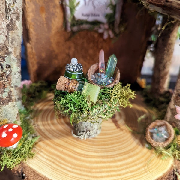 Fairy Table w/ Crystals and Potion, Fairy Garden Accessories, Fairy Garden Table, Fairy Potion Table, Fairy Potions and Bowl of Crystals