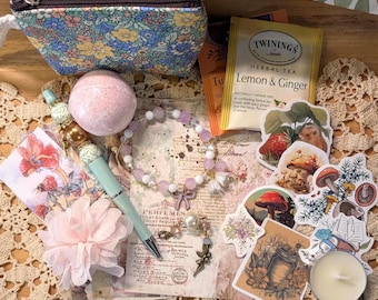 Cottagecore Gift Box for Her – Woodland Fairy Romantic Vintage Theme with Teas, Jewelry, Bath Bombs/Salts, Stickers for Nature Lovers, etc.