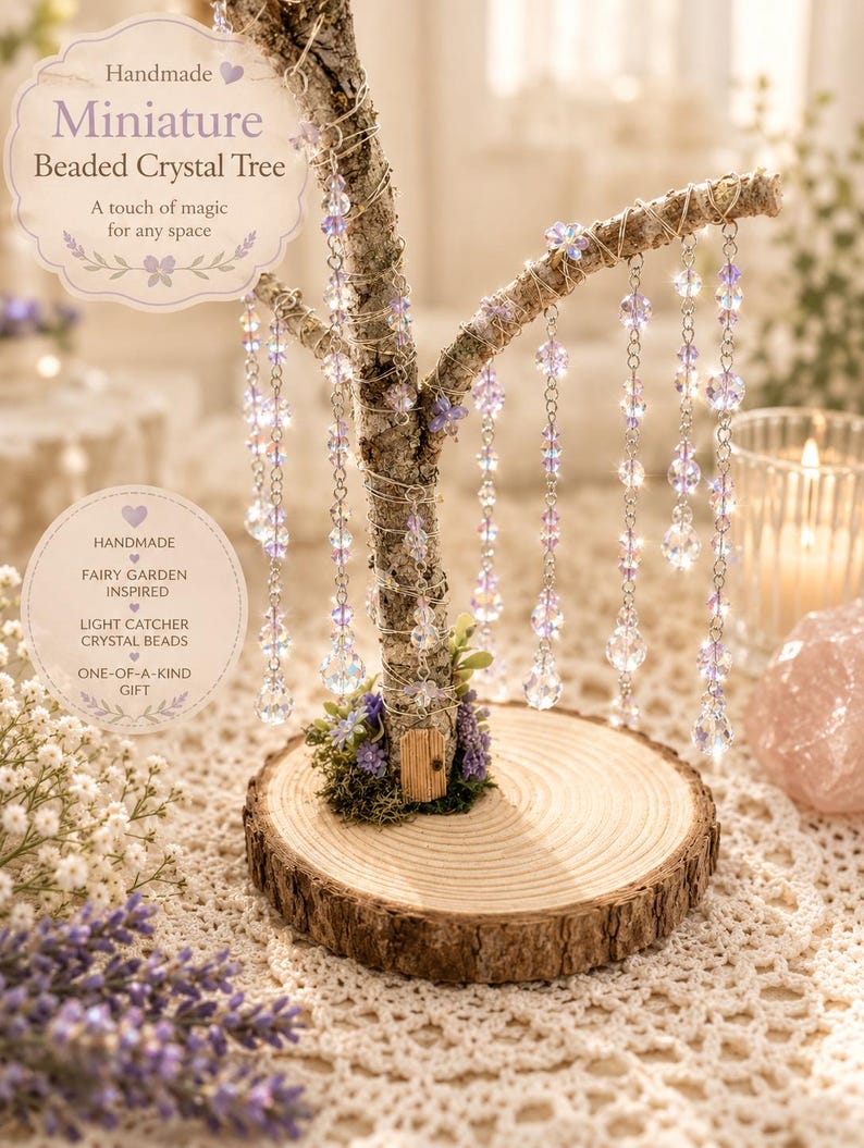 Puede incluir: Una escultura de &aacute;rbol en miniatura con un tronco de corteza texturizada sobre una base de rodaja de madera circular. Las ramas est&aacute;n adornadas con cadenas plateadas colgantes y cuentas de cristal facetadas en tonos morados y transparentes.