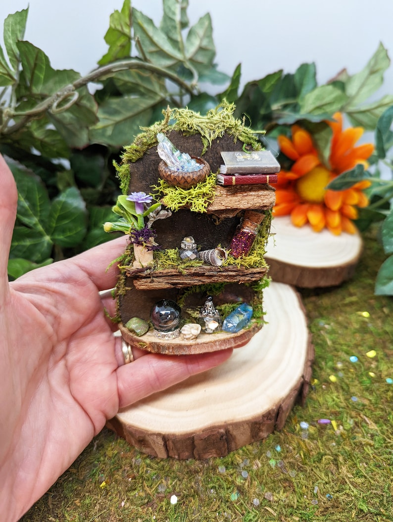 Fairy Bookshelf, Fairy Garden Accessories, Fairy Garden Book Shelf, Fairy Furniture, Fairy Garden Miniatures, Fairy Bookshelf with Potions, @WeeWorldConstruction, #goblincore, #fairygarden, #fairyfurniture #fairybooks #fairygarden #fairyminiatures