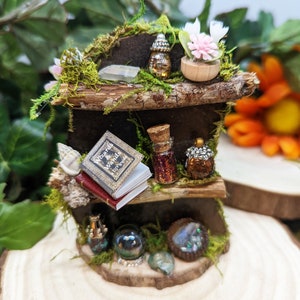 Fairy Bookshelf, Fairy Garden Accessories, Fairy Garden Book Shelf, Fairy Furniture, Fairy Garden Miniatures, Fairy Bookshelf with Potions, @WeeWorldConstruction, #goblincore, #fairygarden, #fairyfurniture #fairybooks #fairygarden #fairyminiatures