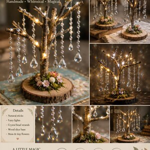 Puede incluir: Un &aacute;rbol en miniatura hecho de ramas naturales sobre una base de rodaja de madera, decorado con luces, hilos de cuentas de cristal, musgo y flores peque&ntilde;as. El texto dice Miniature Crystal Tree, Details, A LITTLE MAGIC THAT CATCHES THE LIGHT.