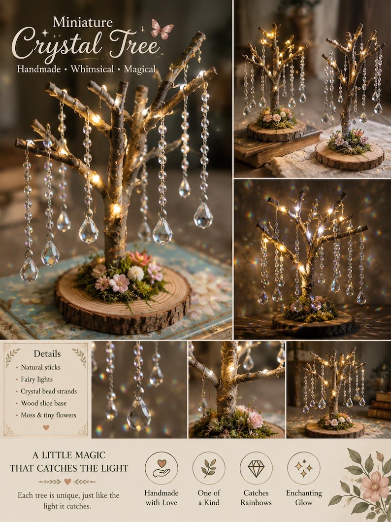 Puede incluir: Un &aacute;rbol en miniatura hecho de ramas naturales sobre una base de rodaja de madera, decorado con luces, hilos de cuentas de cristal, musgo y flores peque&ntilde;as. El texto dice Miniature Crystal Tree, Details, A LITTLE MAGIC THAT CATCHES THE LIGHT.