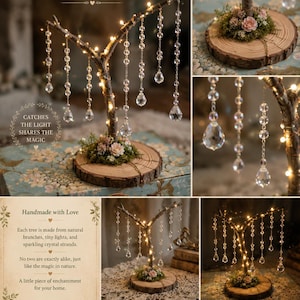 Puede incluir: Un mini &aacute;rbol de cristal con ramas naturales, luces de hadas y hebras de cristal colgantes. La base es una rodaja de madera circular decorada con musgo y flores peque&ntilde;as. El texto incluye Mini Crystal Tree, Handmade, Magical.