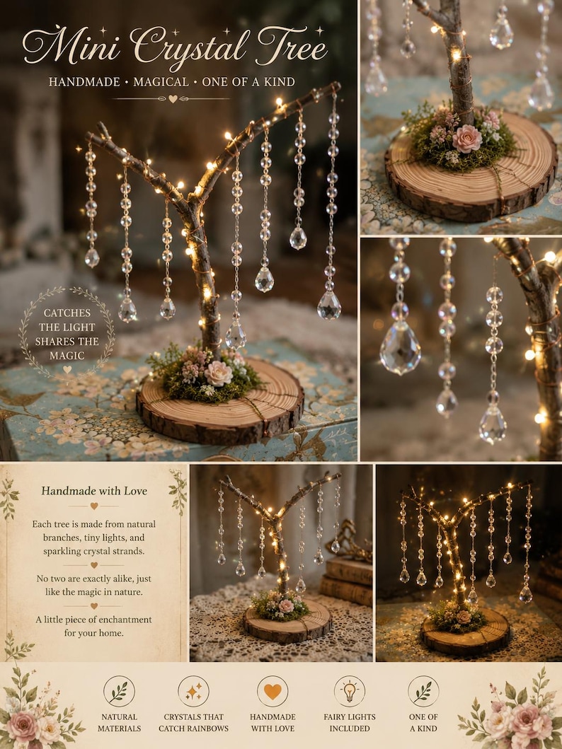 Puede incluir: Un mini &aacute;rbol de cristal con ramas naturales, luces de hadas y hebras de cristal colgantes. La base es una rodaja de madera circular decorada con musgo y flores peque&ntilde;as. El texto incluye Mini Crystal Tree, Handmade, Magical.