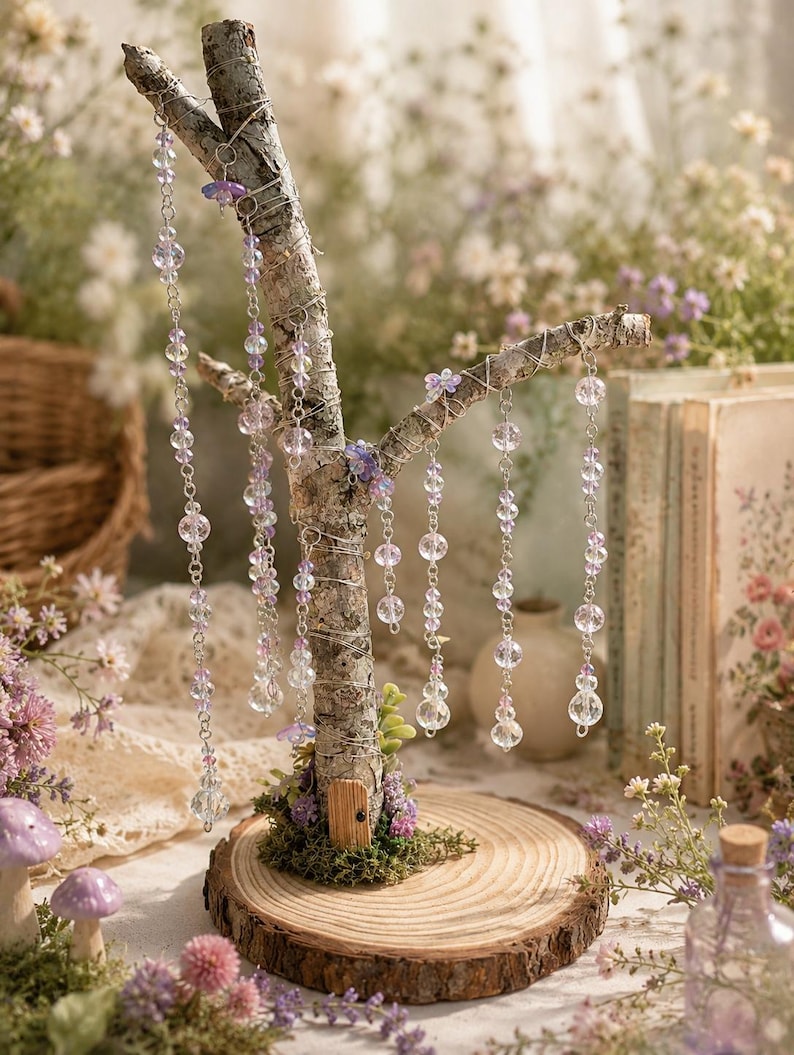Puede incluir: Un soporte decorativo en forma de &aacute;rbol hecho de una rama natural con corteza, montado sobre una base circular de rodaja de madera. Varias cadenas plateadas con cuentas de vidrio facetado transparentes y moradas cuelgan de las ramas con flores.